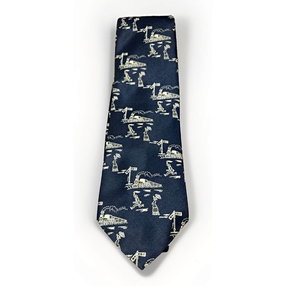 Vintage JCPenney Mens Novelty Story Steam Boat Tie Blue White Pointed Woven 1970